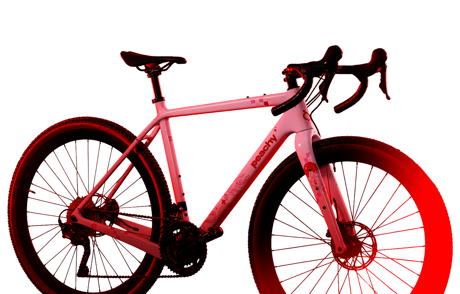 Peachy women’s gravel bicycle in pink with red lighting